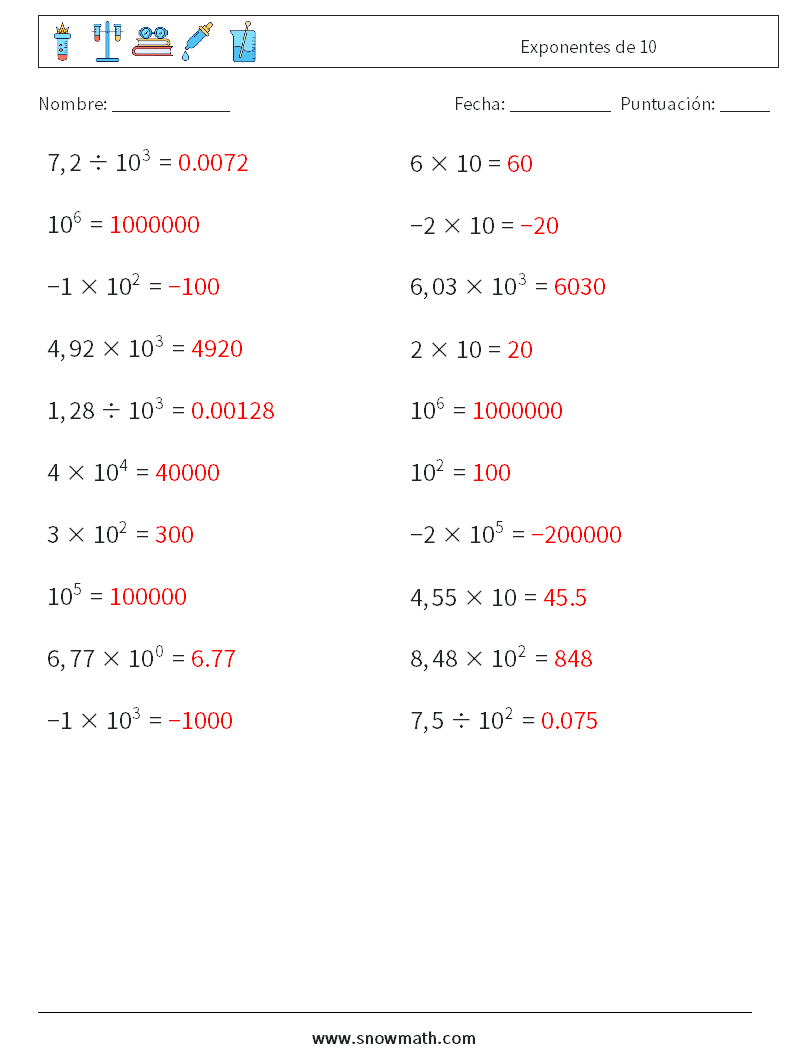 Exponentes de 10 Hojas de trabajo de matemáticas 9 Pregunta, respuesta