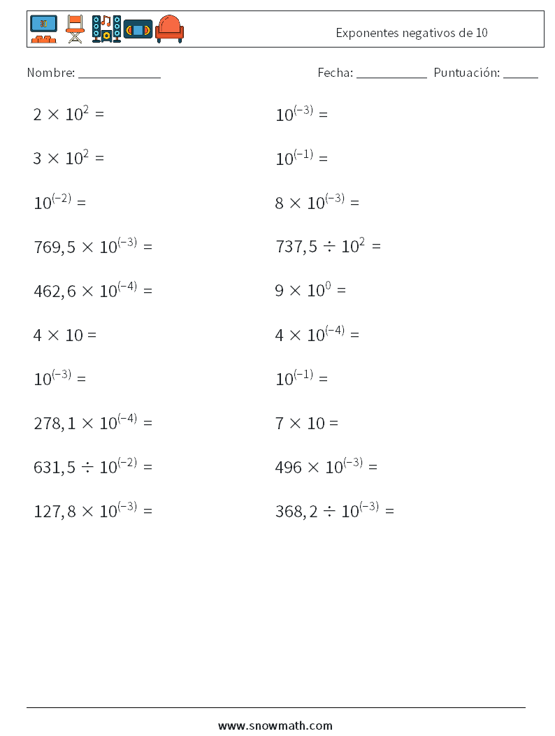 Exponentes negativos de 10 Hojas de trabajo de matemáticas 1