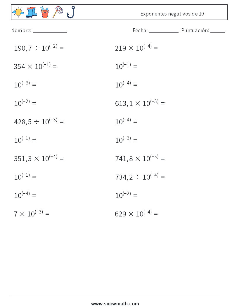 Exponentes negativos de 10 Hojas de trabajo de matemáticas 2