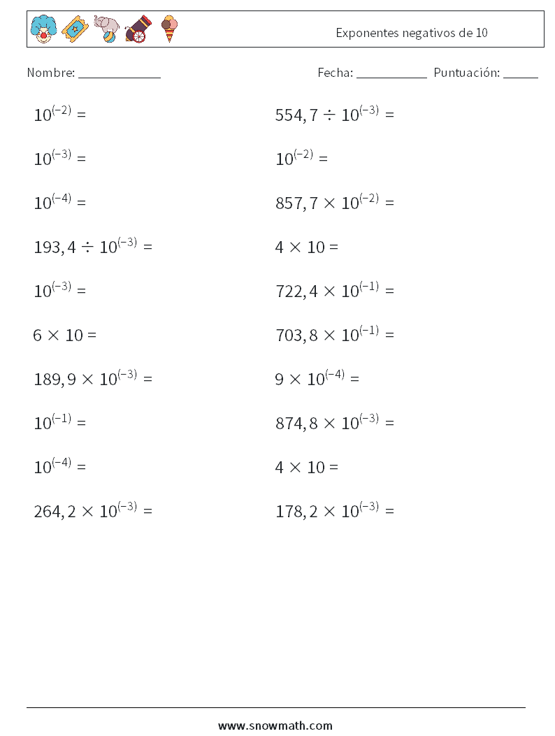 Exponentes negativos de 10 Hojas de trabajo de matemáticas 3