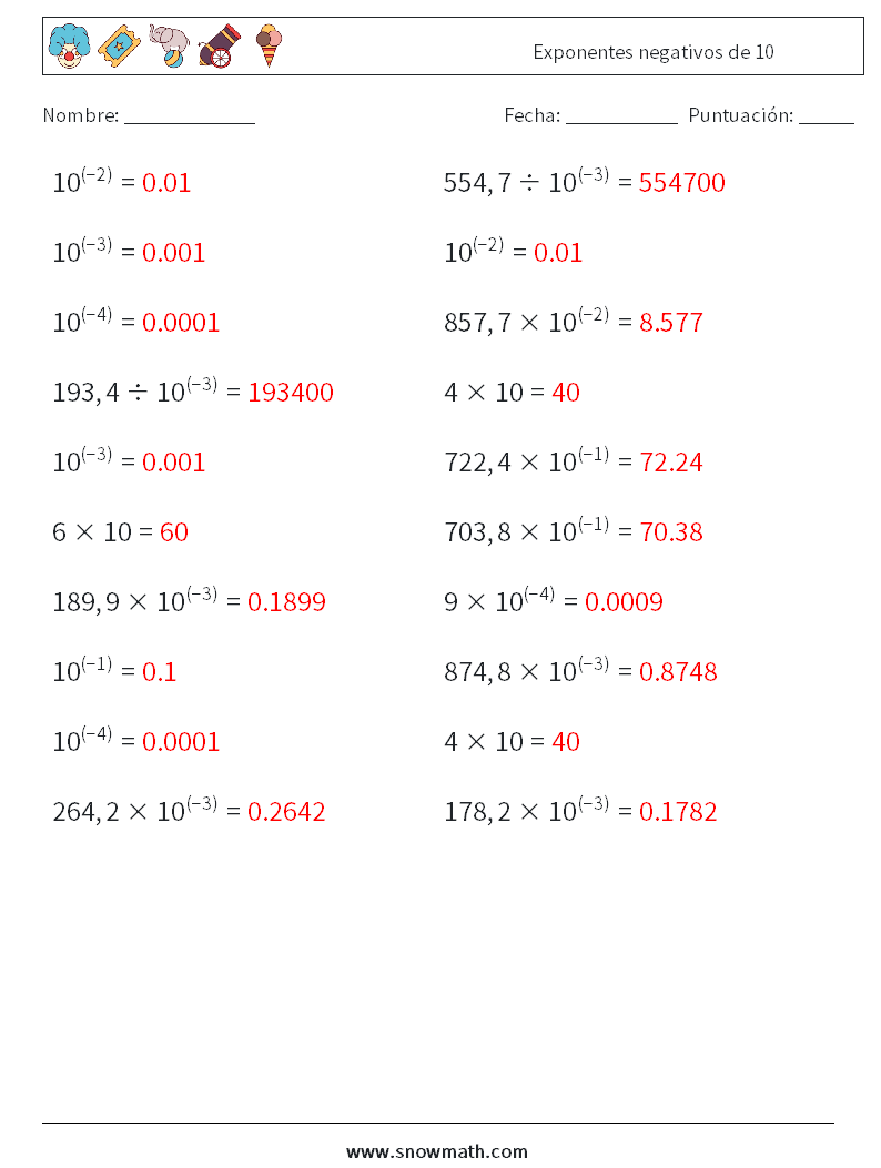 Exponentes negativos de 10 Hojas de trabajo de matemáticas 3 Pregunta, respuesta