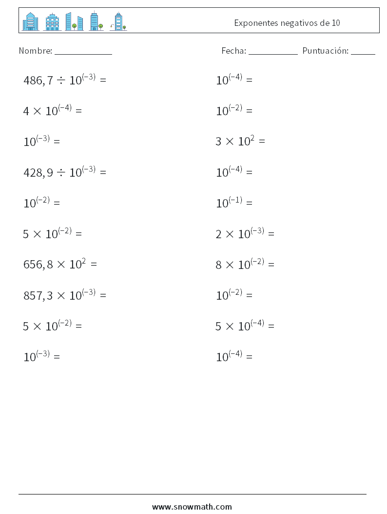 Exponentes negativos de 10 Hojas de trabajo de matemáticas 4