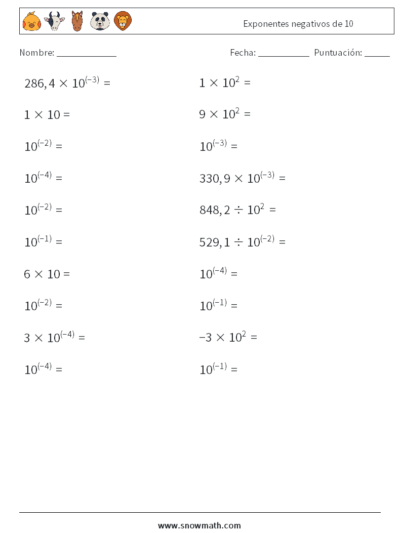 Exponentes negativos de 10 Hojas de trabajo de matemáticas 5