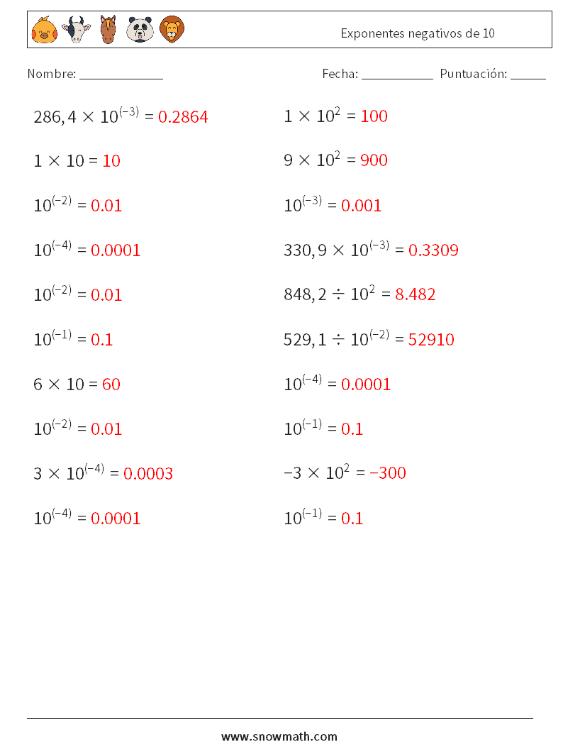 Exponentes negativos de 10 Hojas de trabajo de matemáticas 5 Pregunta, respuesta