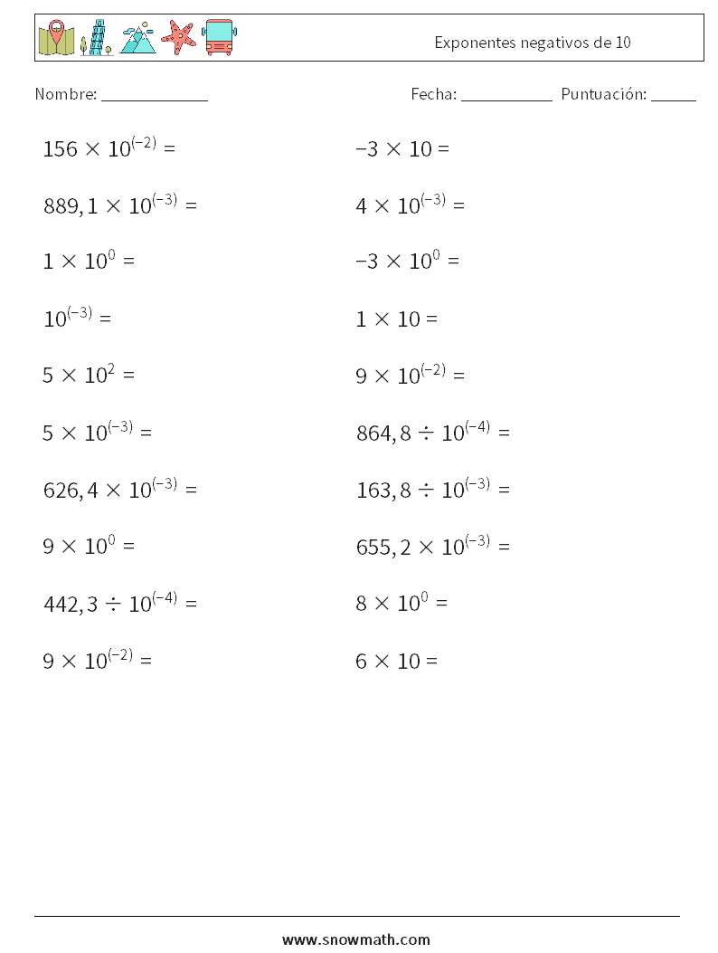 Exponentes negativos de 10 Hojas de trabajo de matemáticas 7