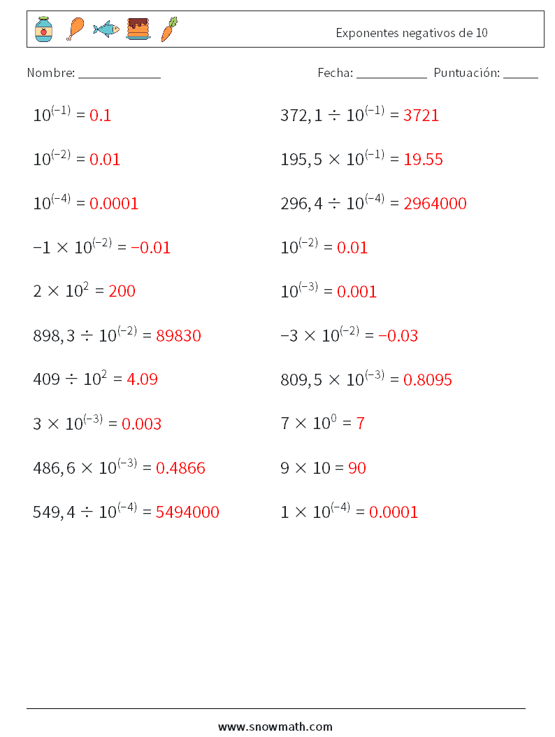 Exponentes negativos de 10 Hojas de trabajo de matemáticas 8 Pregunta, respuesta