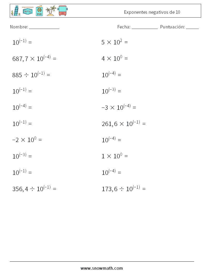 Exponentes negativos de 10 Hojas de trabajo de matemáticas 9