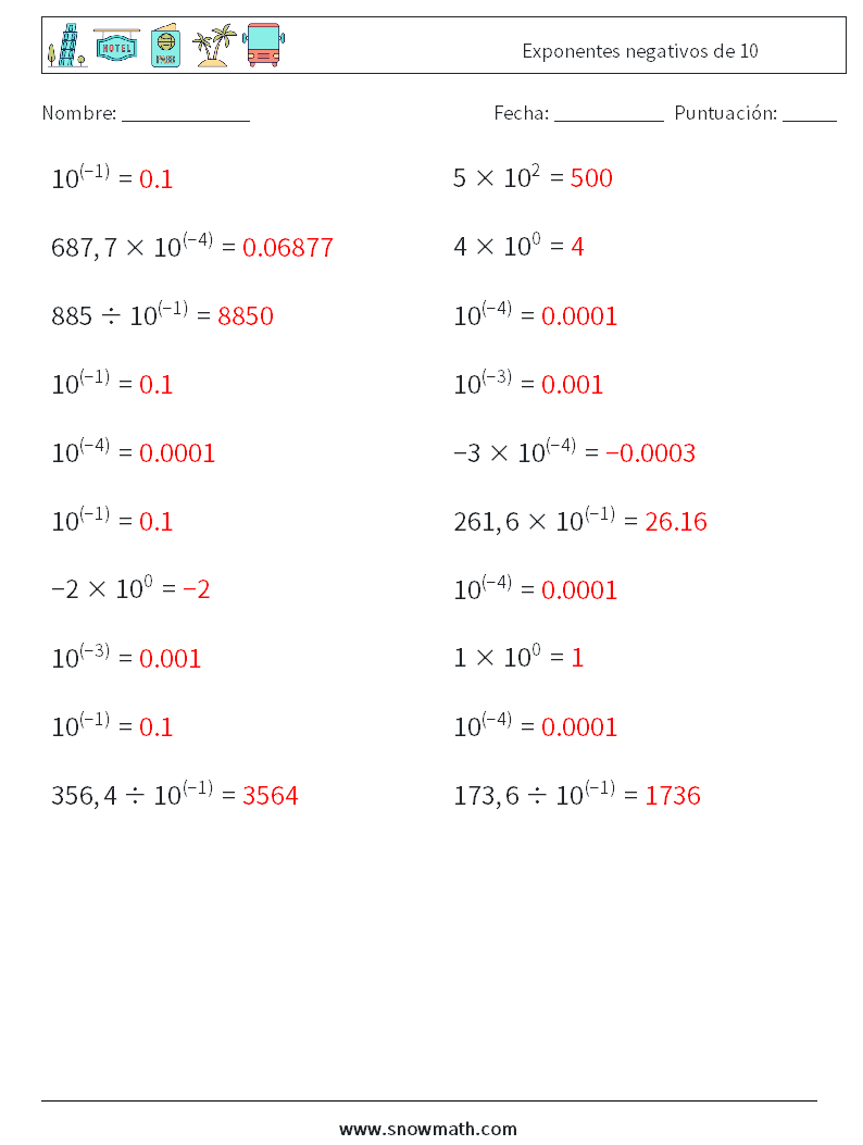 Exponentes negativos de 10 Hojas de trabajo de matemáticas 9 Pregunta, respuesta
