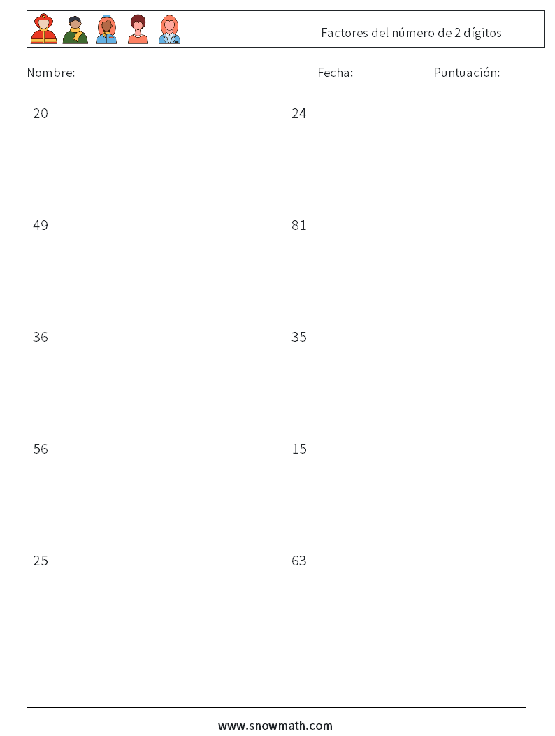 Factores del número de 2 dígitos Hojas de trabajo de matemáticas 1