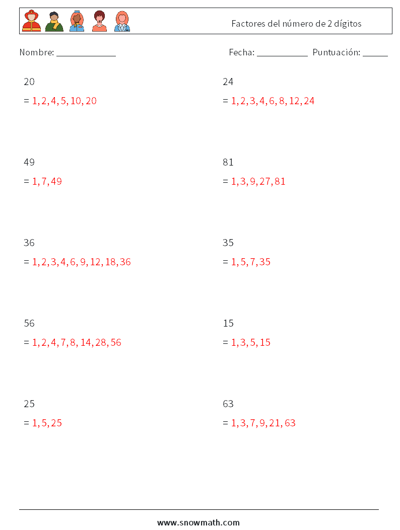 Factores del número de 2 dígitos Hojas de trabajo de matemáticas 1 Pregunta, respuesta