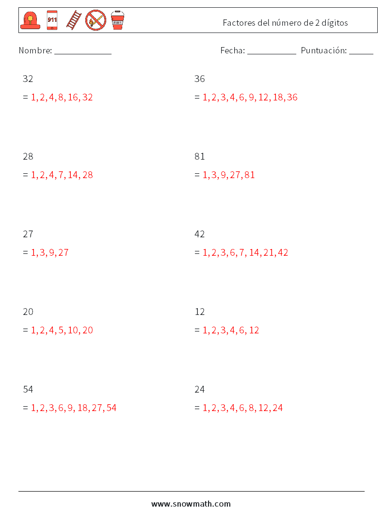 Factores del número de 2 dígitos Hojas de trabajo de matemáticas 2 Pregunta, respuesta