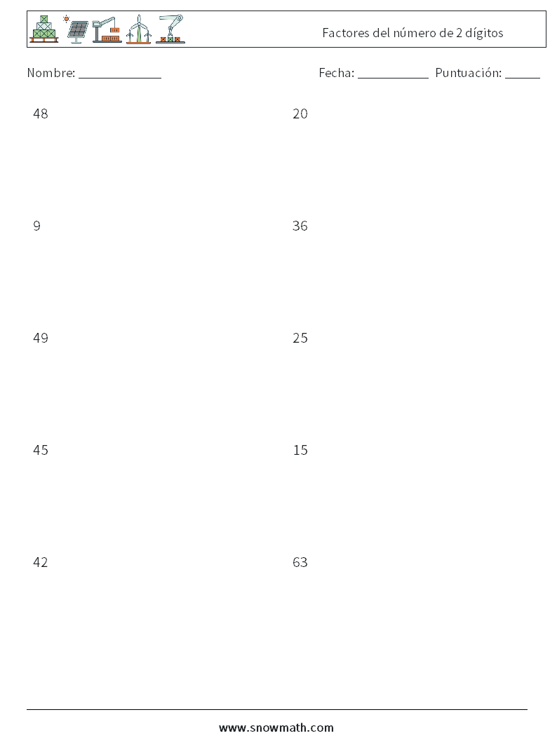 Factores del número de 2 dígitos Hojas de trabajo de matemáticas 3