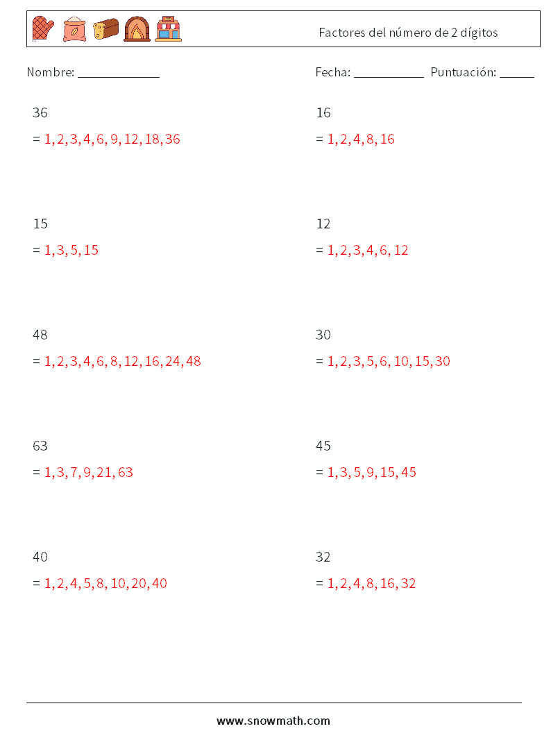 Factores del número de 2 dígitos Hojas de trabajo de matemáticas 4 Pregunta, respuesta