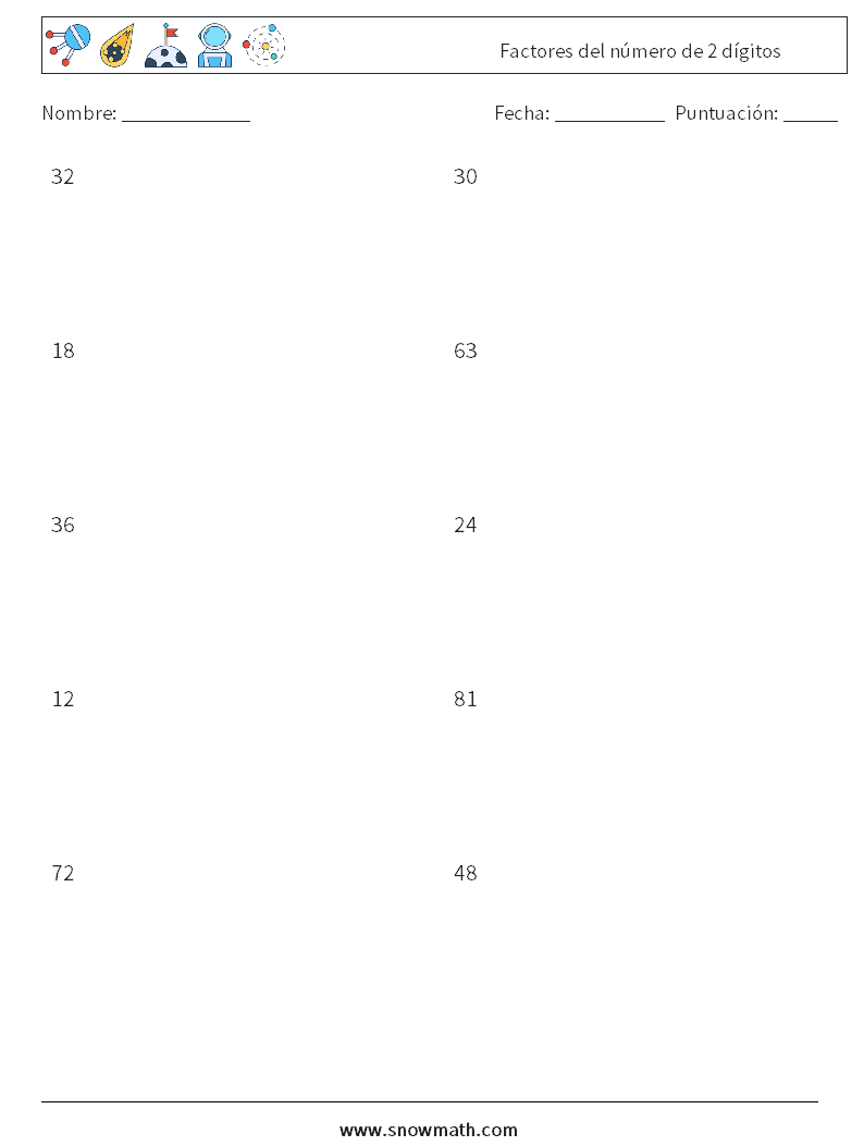 Factores del número de 2 dígitos Hojas de trabajo de matemáticas 5