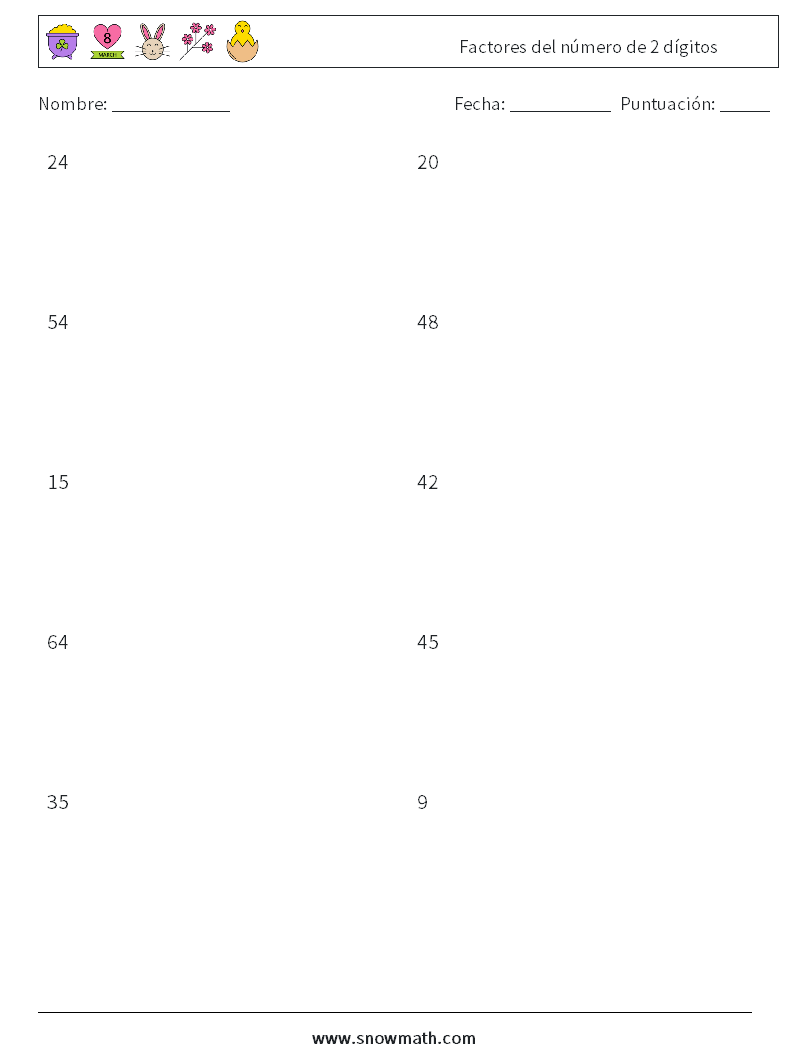 Factores del número de 2 dígitos Hojas de trabajo de matemáticas 6