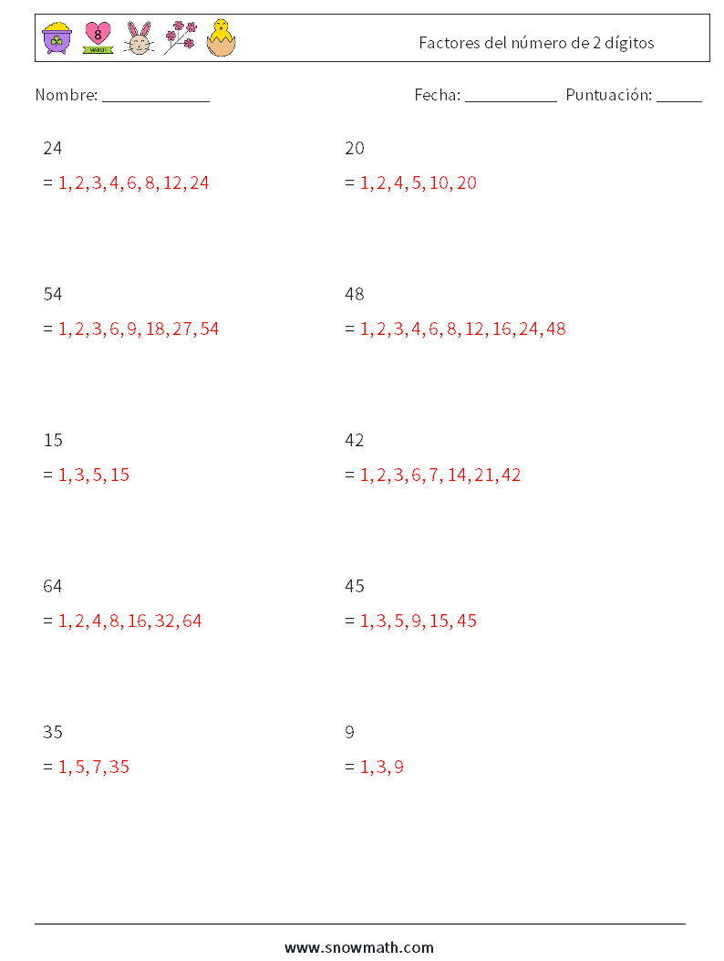 Factores del número de 2 dígitos Hojas de trabajo de matemáticas 6 Pregunta, respuesta