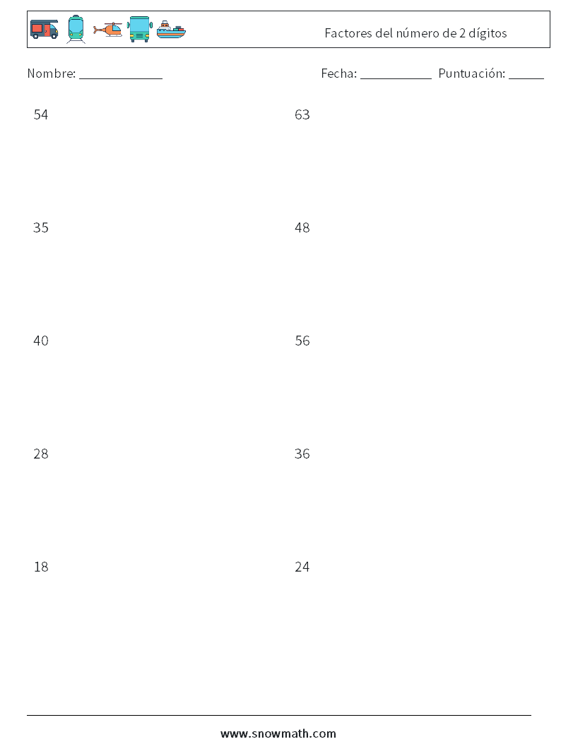 Factores del número de 2 dígitos Hojas de trabajo de matemáticas 7