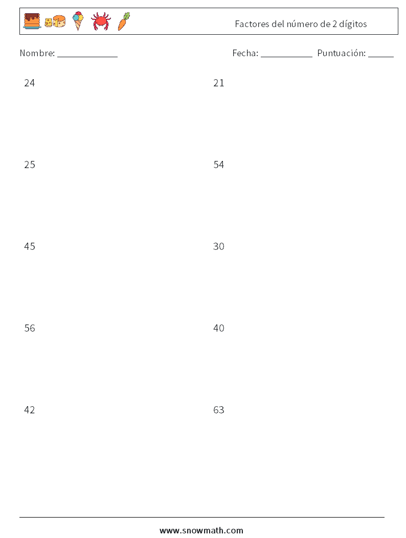 Factores del número de 2 dígitos Hojas de trabajo de matemáticas 8