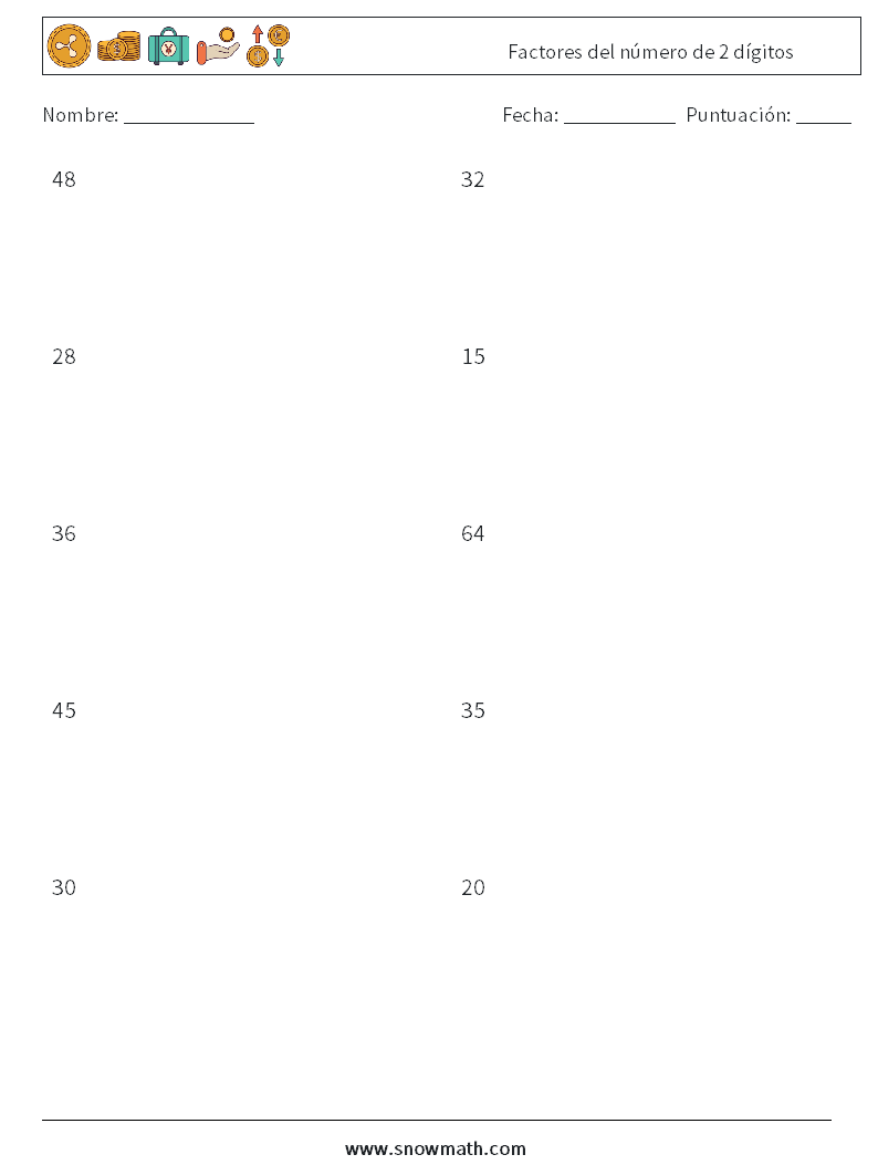 Factores del número de 2 dígitos Hojas de trabajo de matemáticas 9
