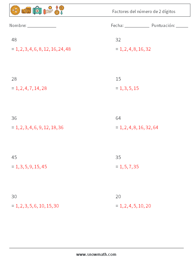 Factores del número de 2 dígitos Hojas de trabajo de matemáticas 9 Pregunta, respuesta