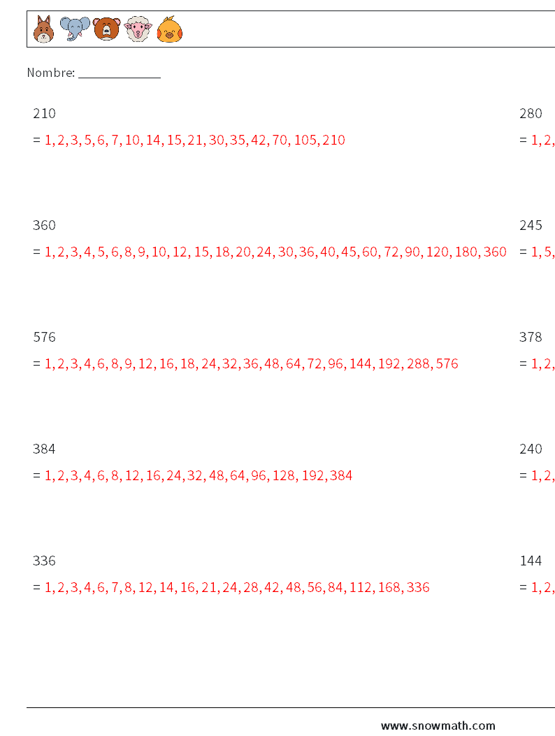 Factores de números de 3 dígitos Hojas de trabajo de matemáticas 1 Pregunta, respuesta