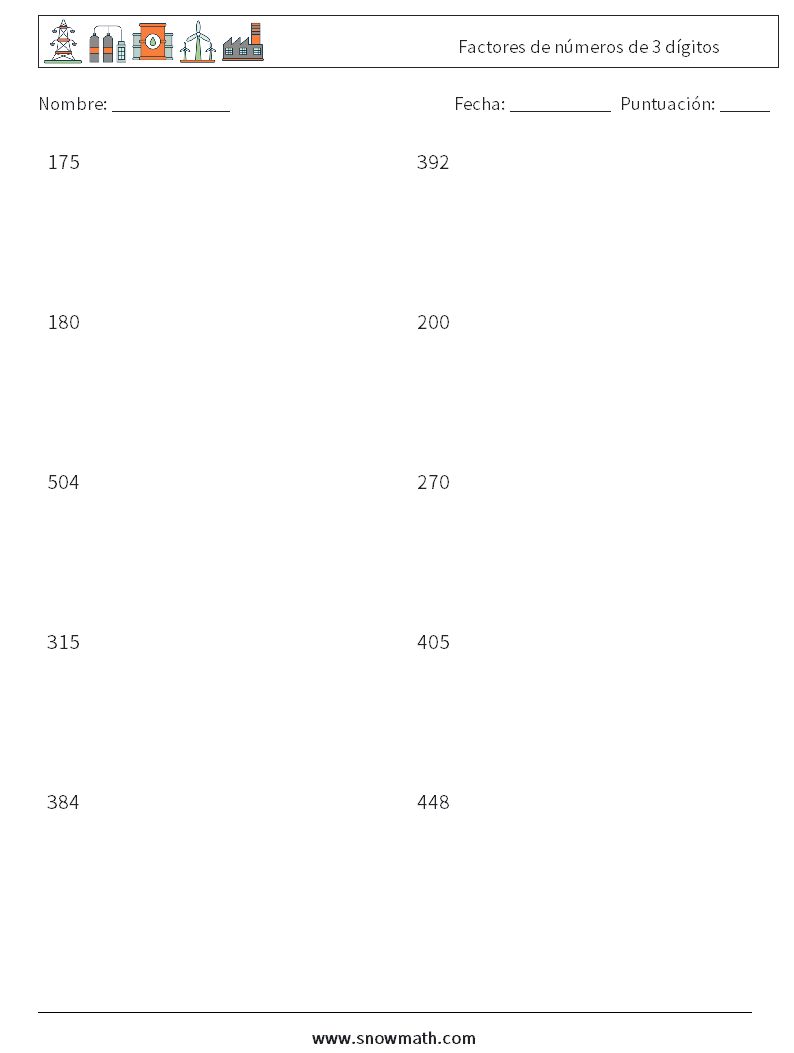 Factores de números de 3 dígitos Hojas de trabajo de matemáticas 3