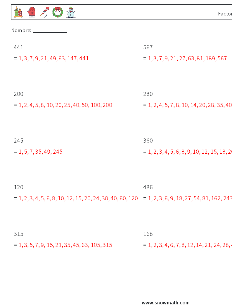 Factores de números de 3 dígitos Hojas de trabajo de matemáticas 6 Pregunta, respuesta