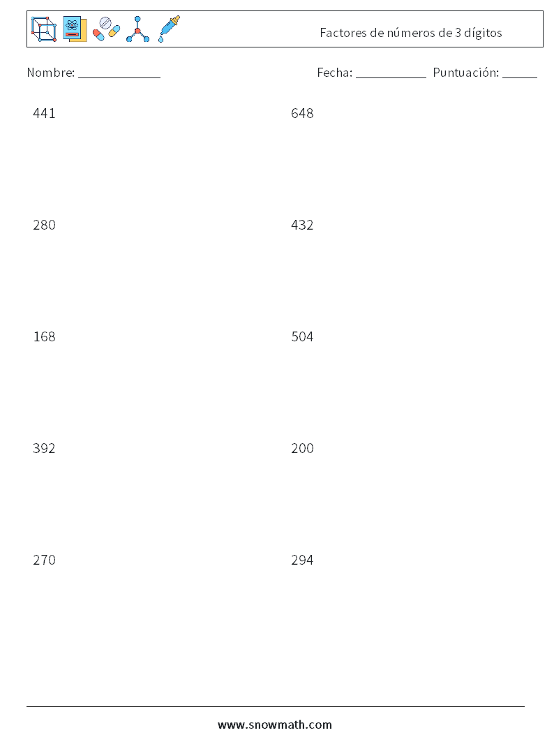 Factores de números de 3 dígitos Hojas de trabajo de matemáticas 8