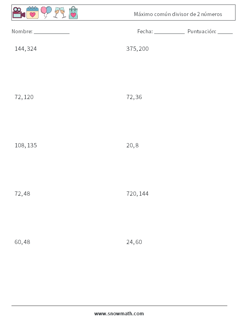 Máximo común divisor de 2 números Hojas de trabajo de matemáticas 3
