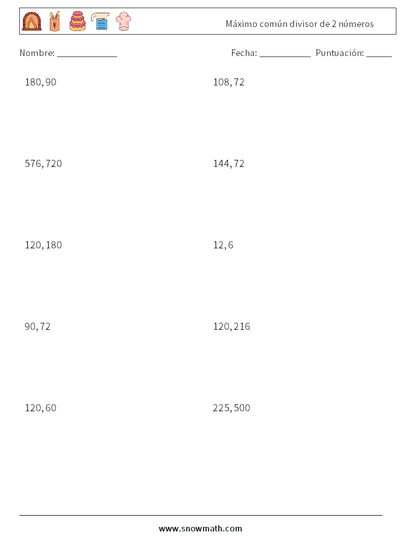 Máximo común divisor de 2 números Hojas de trabajo de matemáticas 5