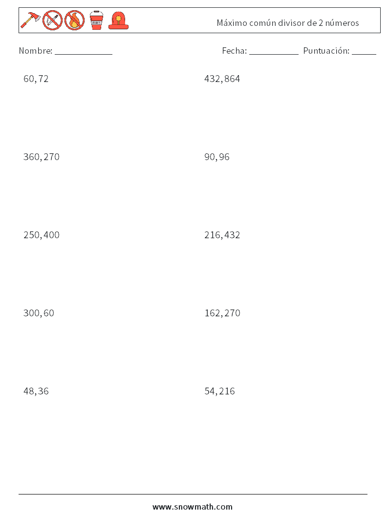 Máximo común divisor de 2 números Hojas de trabajo de matemáticas 6