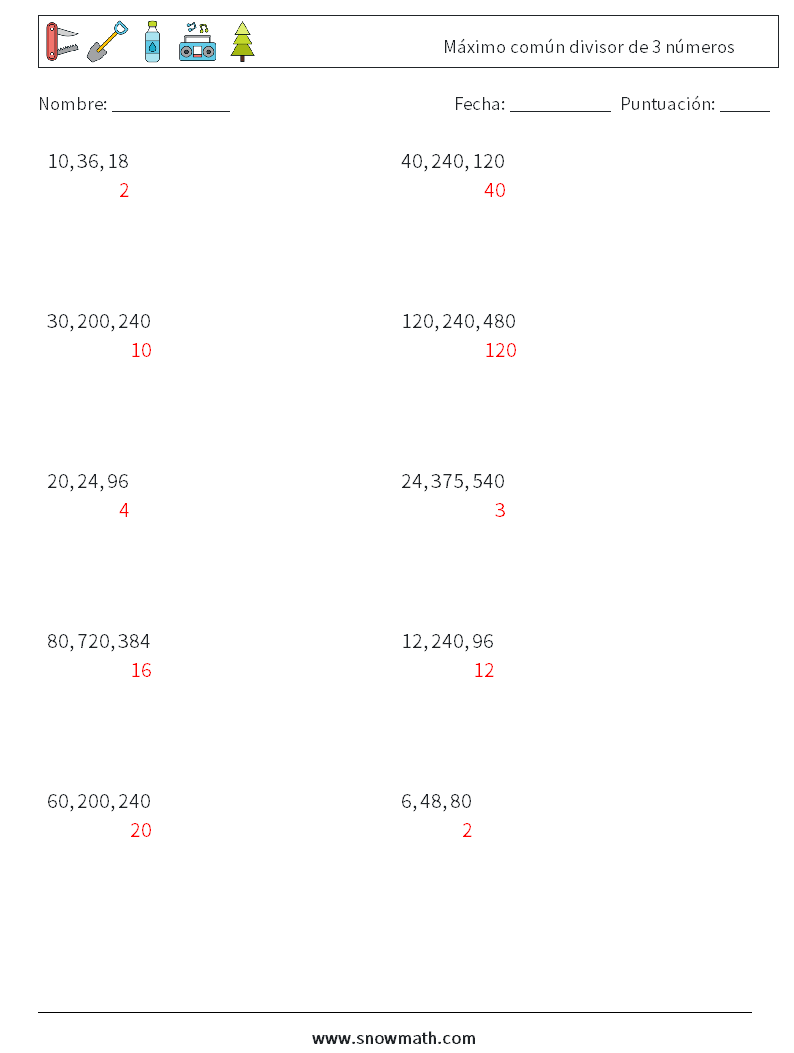 Máximo común divisor de 3 números Hojas de trabajo de matemáticas 3 Pregunta, respuesta
