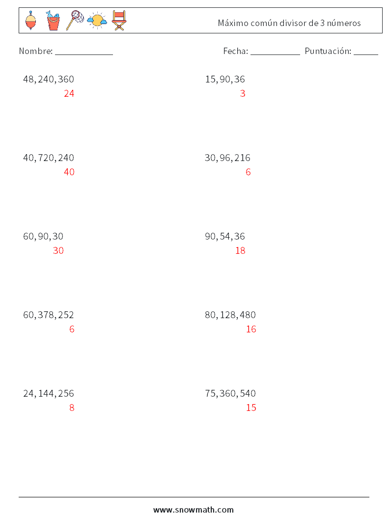 Máximo común divisor de 3 números Hojas de trabajo de matemáticas 5 Pregunta, respuesta