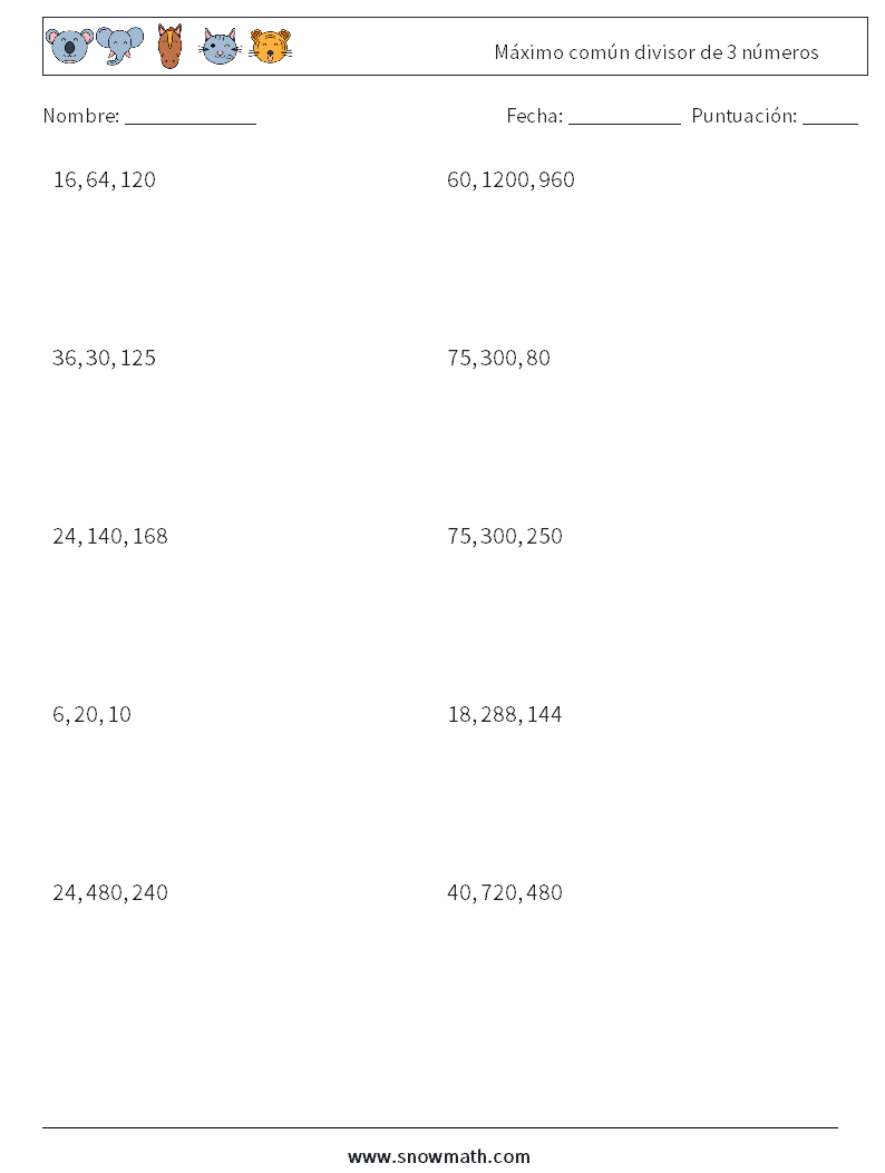 Máximo común divisor de 3 números Hojas de trabajo de matemáticas 8