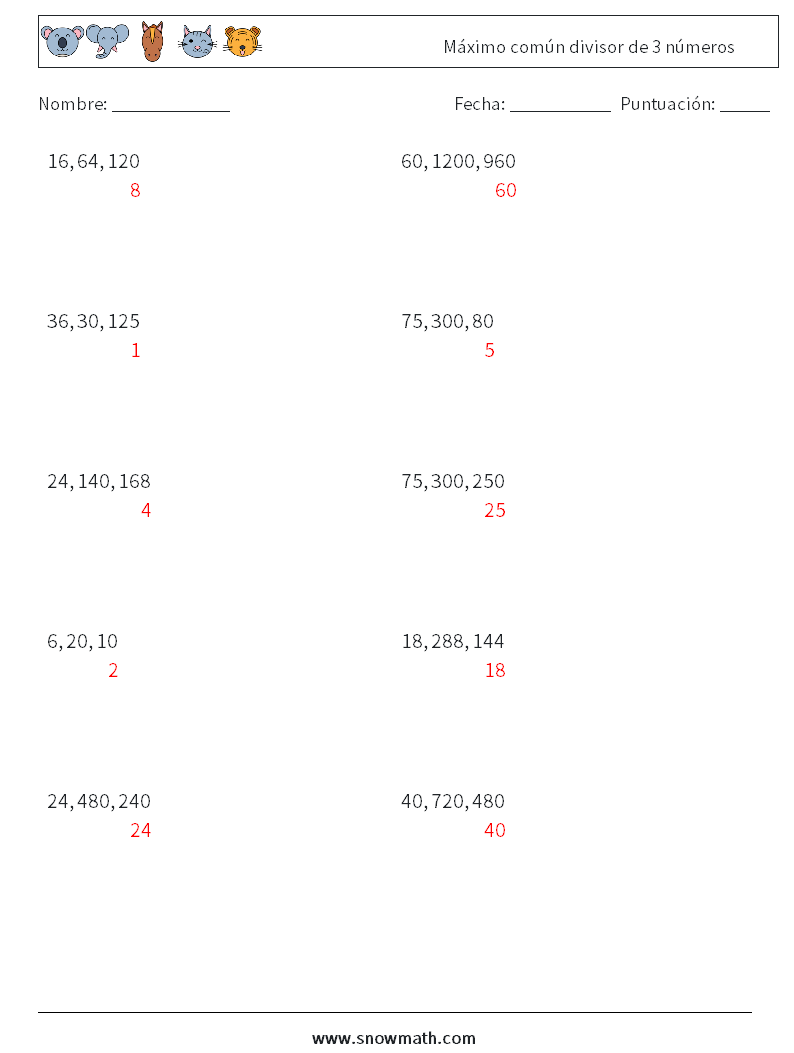 Máximo común divisor de 3 números Hojas de trabajo de matemáticas 8 Pregunta, respuesta