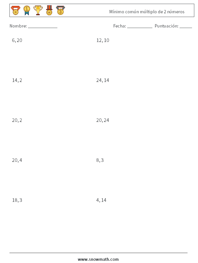 Mínimo común múltiplo de 2 números Hojas de trabajo de matemáticas 1