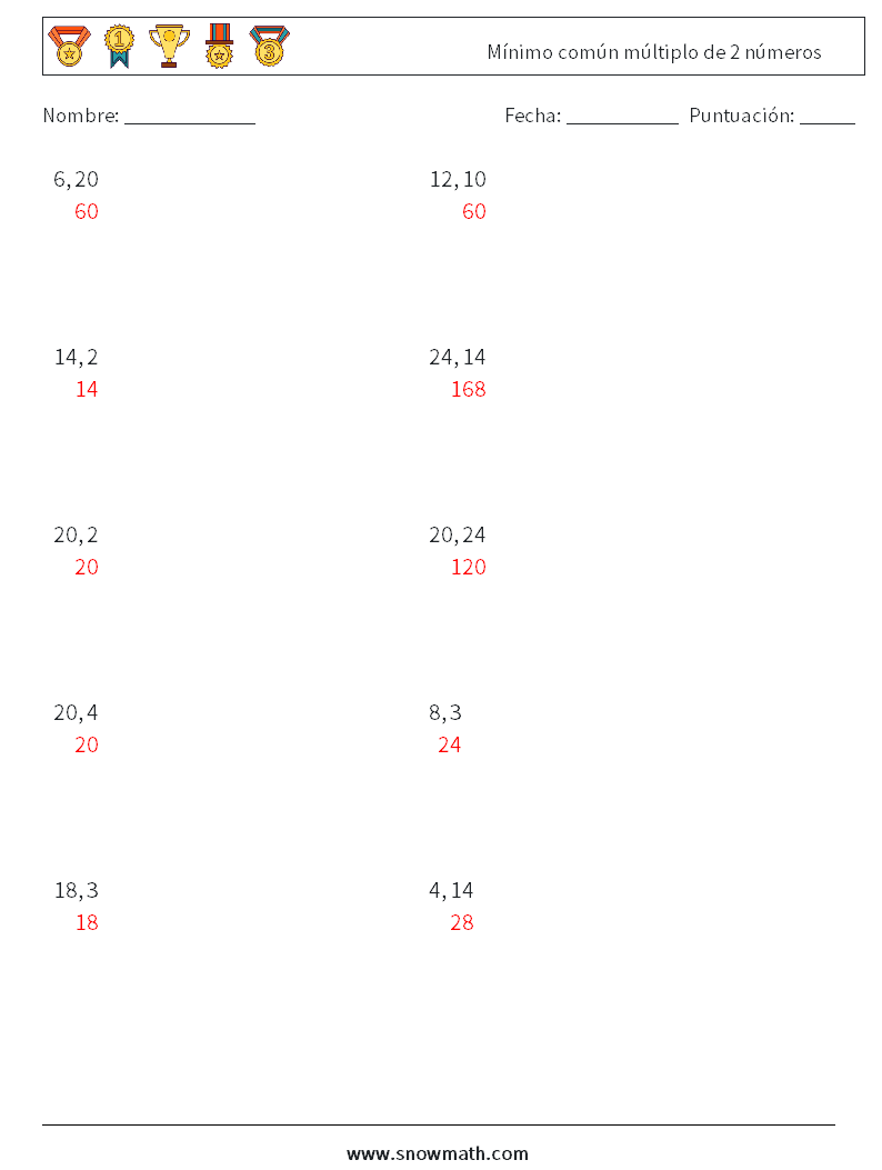 Mínimo común múltiplo de 2 números Hojas de trabajo de matemáticas 1 Pregunta, respuesta