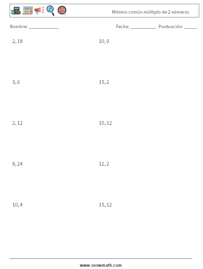 Mínimo común múltiplo de 2 números Hojas de trabajo de matemáticas 2