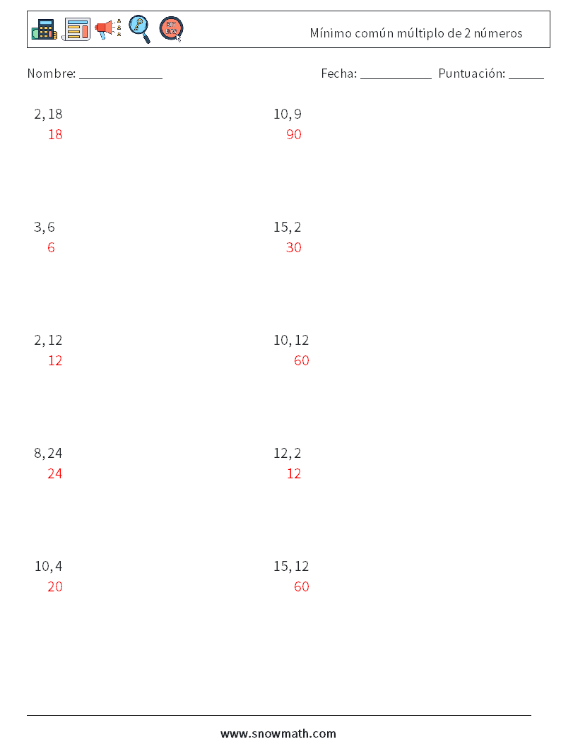 Mínimo común múltiplo de 2 números Hojas de trabajo de matemáticas 2 Pregunta, respuesta