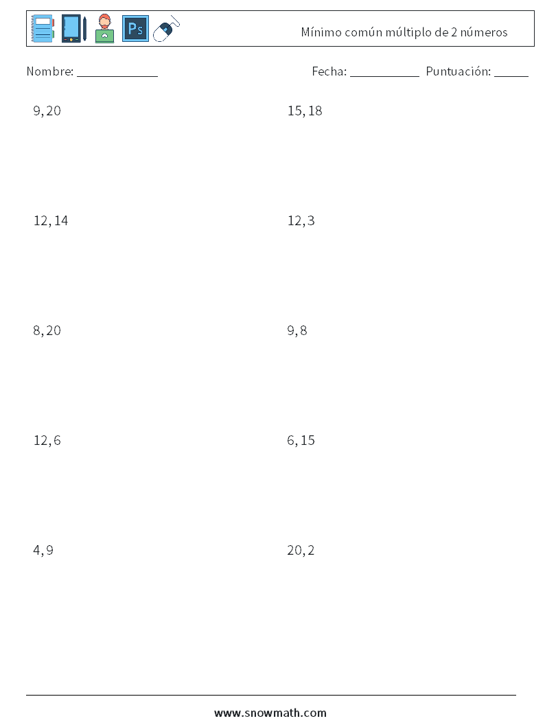 Mínimo común múltiplo de 2 números Hojas de trabajo de matemáticas 3