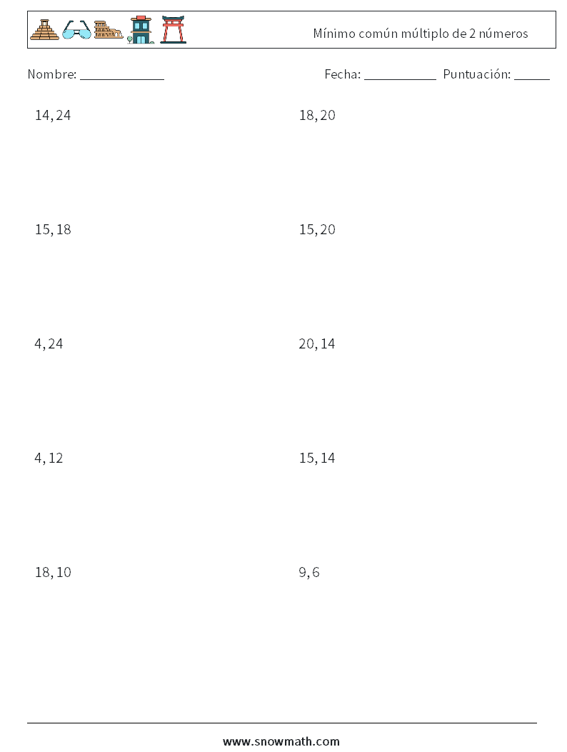 Mínimo común múltiplo de 2 números Hojas de trabajo de matemáticas 4