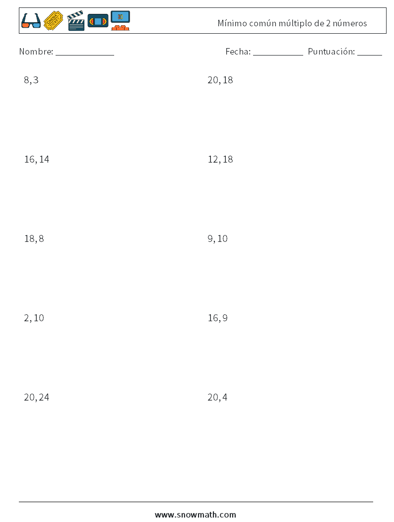 Mínimo común múltiplo de 2 números Hojas de trabajo de matemáticas 5