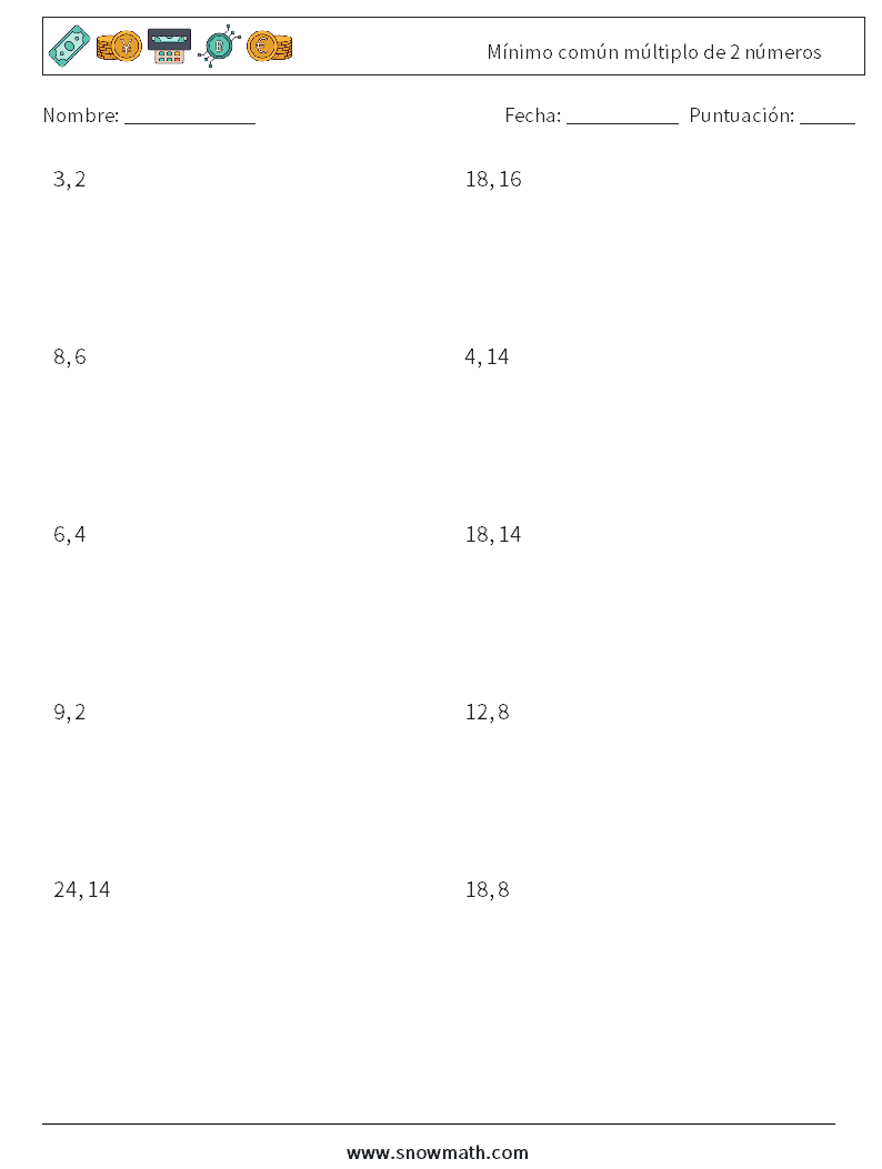 Mínimo común múltiplo de 2 números Hojas de trabajo de matemáticas 6