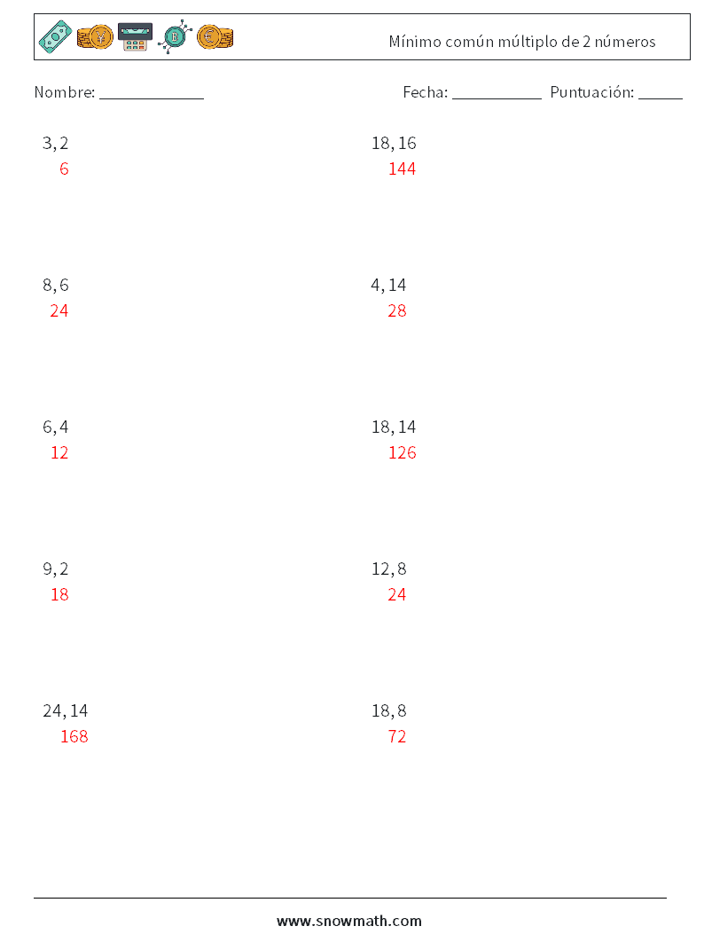 Mínimo común múltiplo de 2 números Hojas de trabajo de matemáticas 6 Pregunta, respuesta