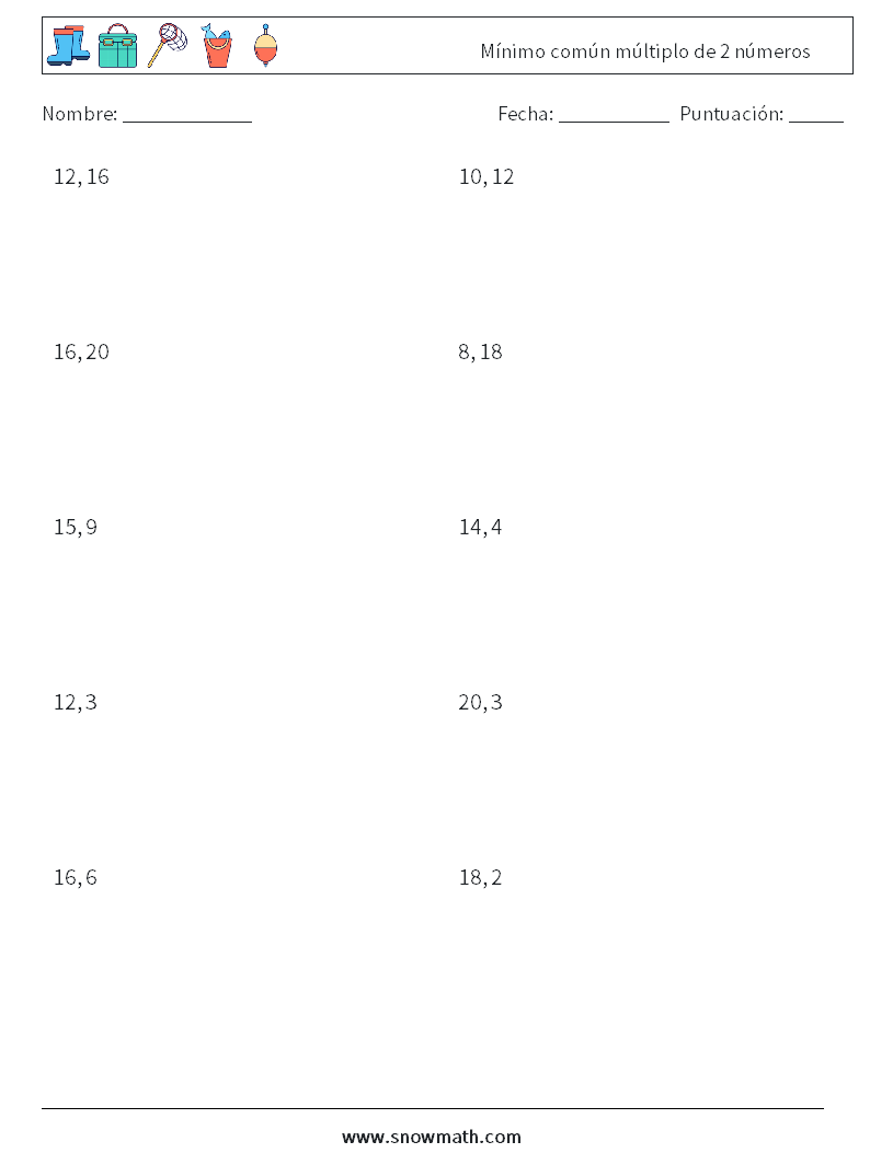 Mínimo común múltiplo de 2 números Hojas de trabajo de matemáticas 8