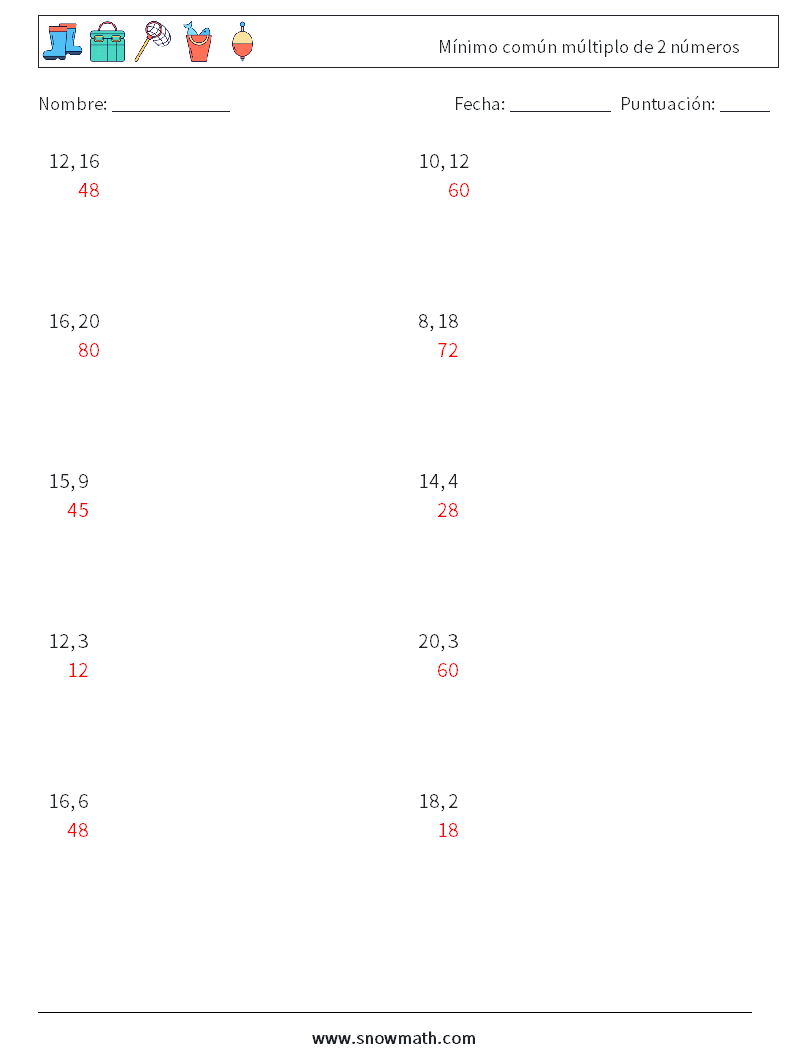 Mínimo común múltiplo de 2 números Hojas de trabajo de matemáticas 8 Pregunta, respuesta