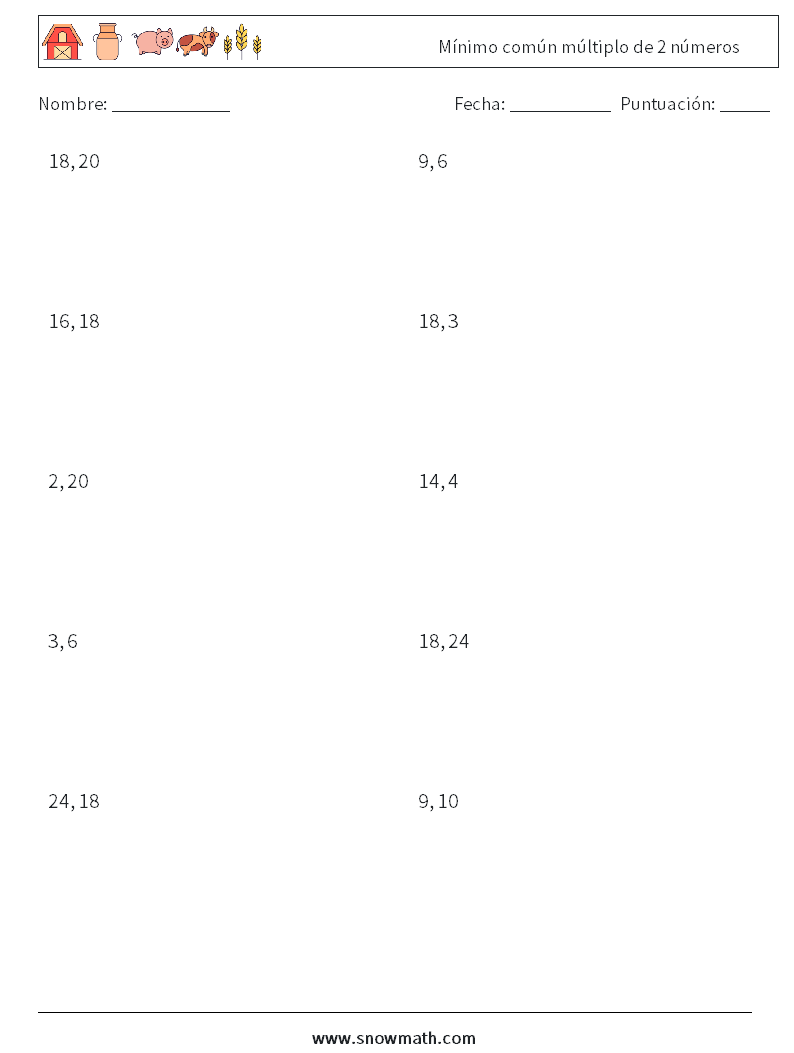 Mínimo común múltiplo de 2 números Hojas de trabajo de matemáticas 9