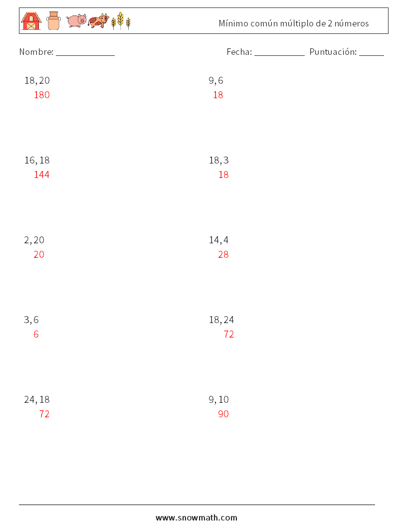 Mínimo común múltiplo de 2 números Hojas de trabajo de matemáticas 9 Pregunta, respuesta