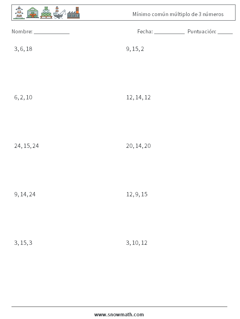 Mínimo común múltiplo de 3 números Hojas de trabajo de matemáticas 1