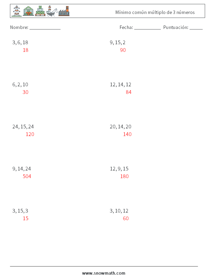 Mínimo común múltiplo de 3 números Hojas de trabajo de matemáticas 1 Pregunta, respuesta